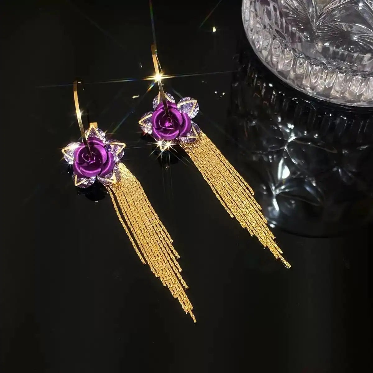 Rose Flower Long Tassel Needle Drop Earrings