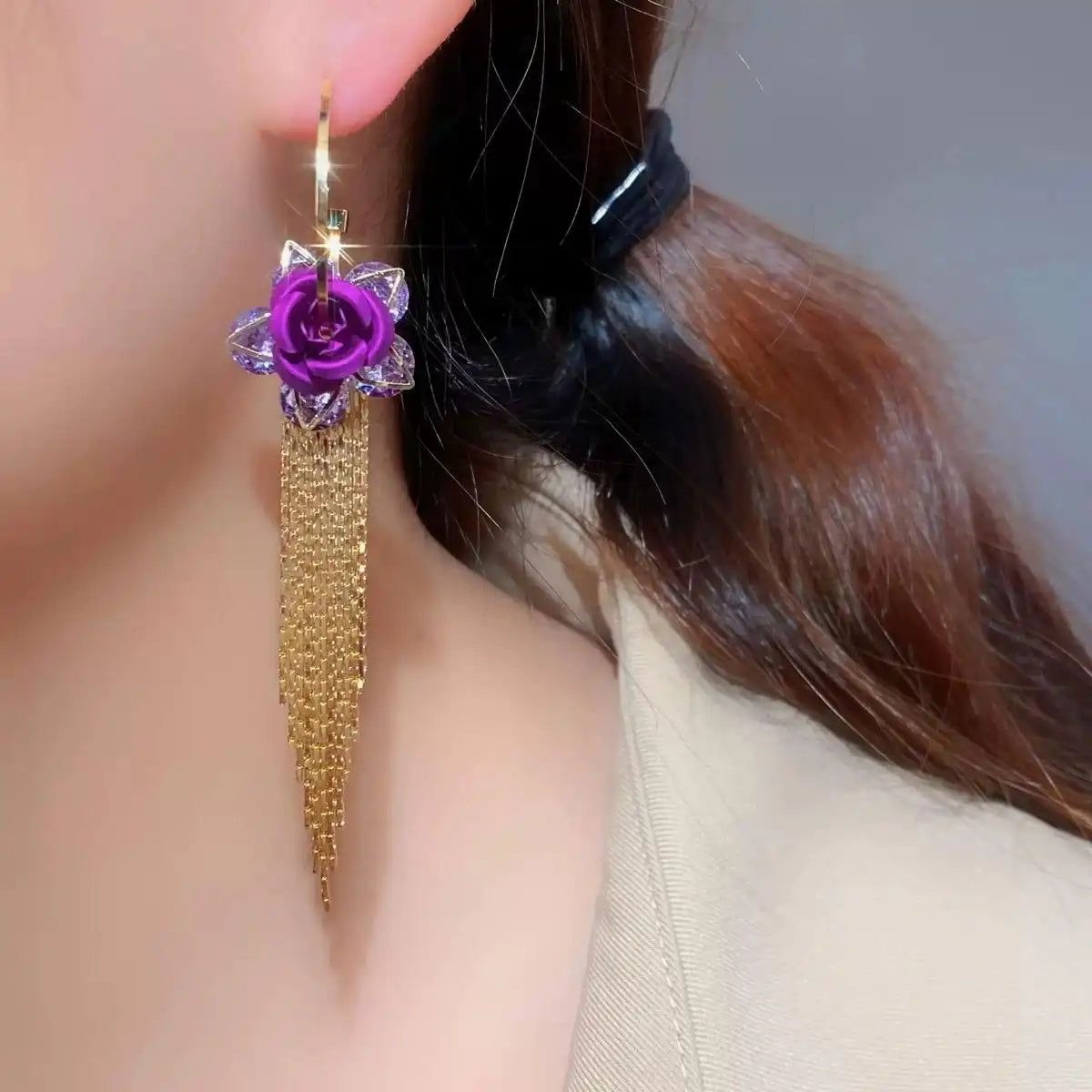 Rose Flower Long Tassel Needle Drop Earrings