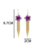Rose Flower Long Tassel Needle Drop Earrings