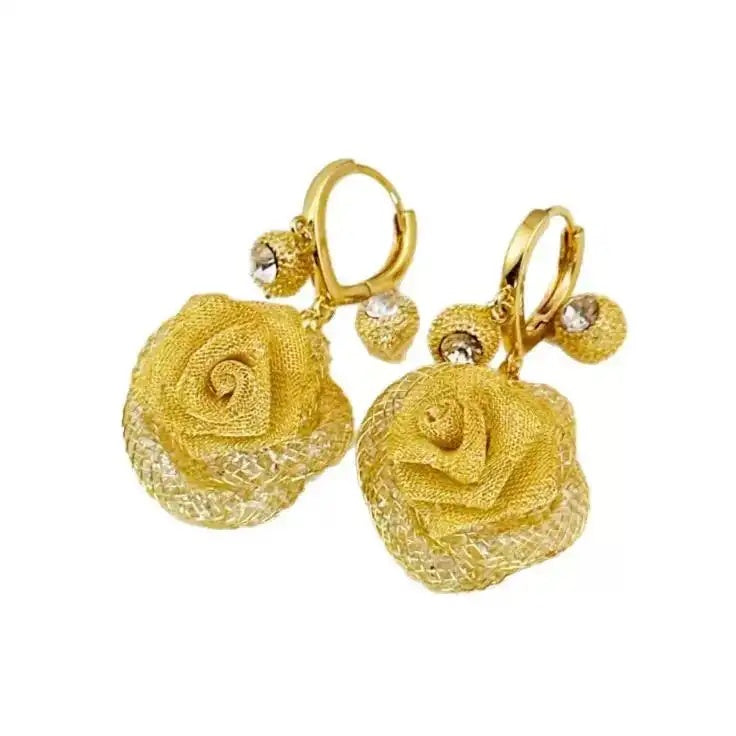 Rose Flower Net Rhinestones Hoop Earrings