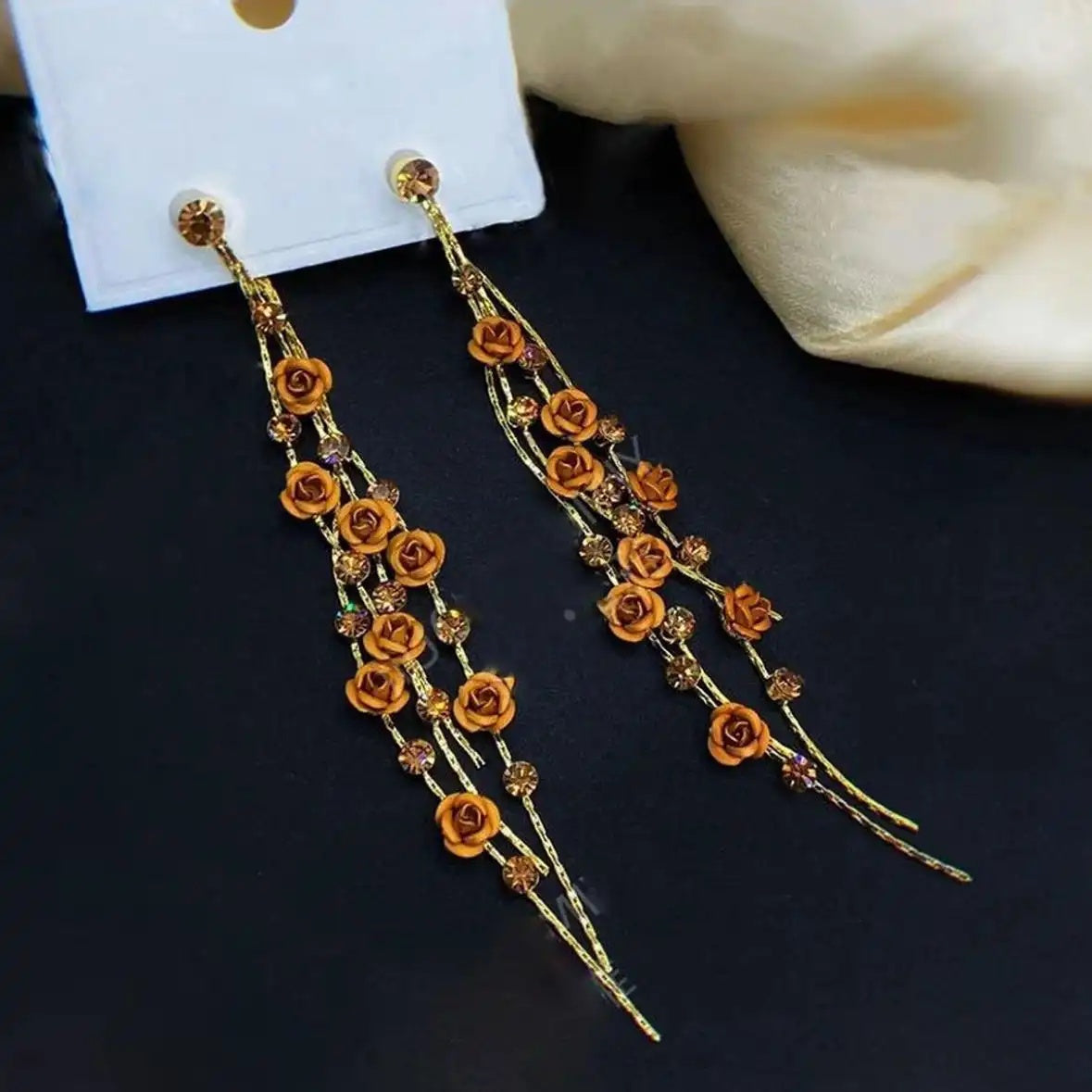Rose Tassel Long Floral Drop Earrings