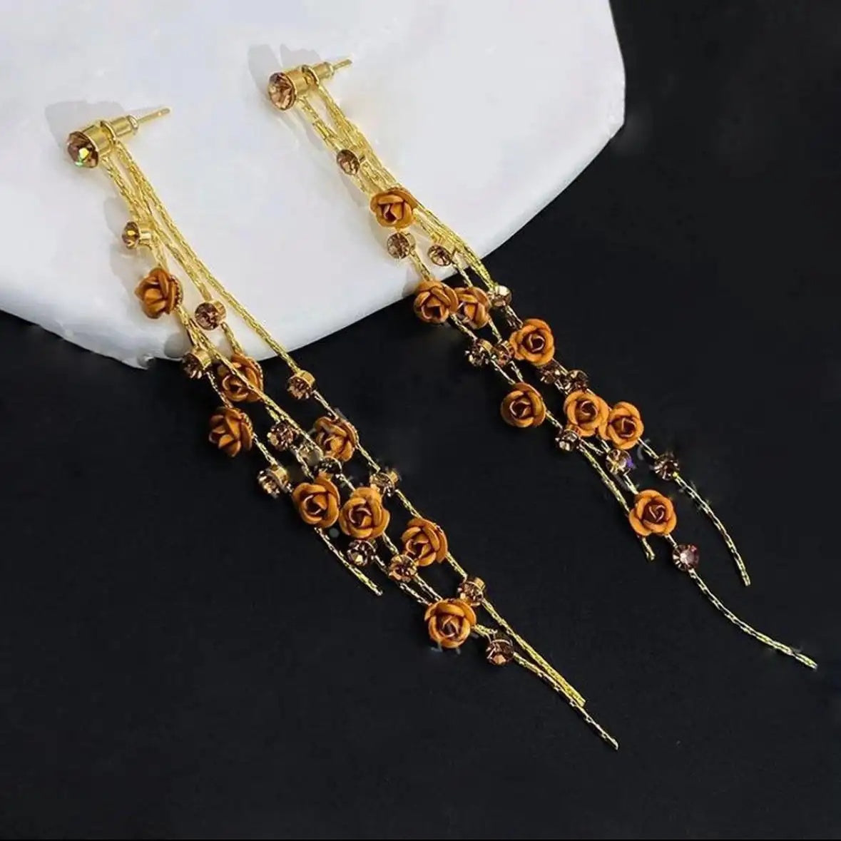 Rose Tassel Long Floral Drop Earrings