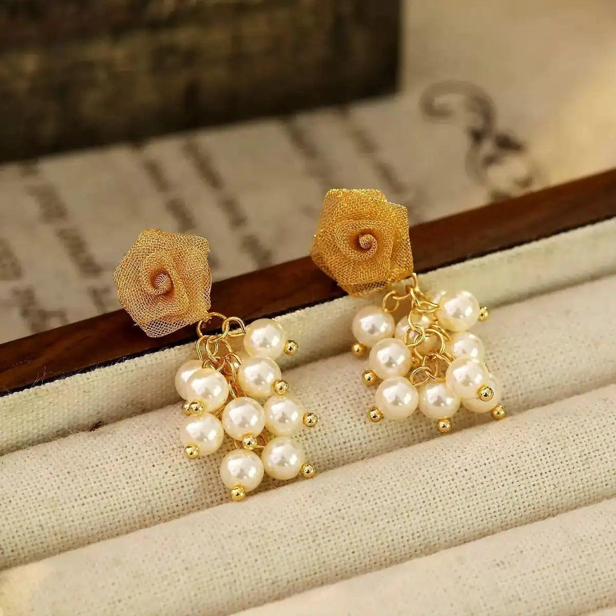 Rose Tassel Long Mesh Drop Earrings