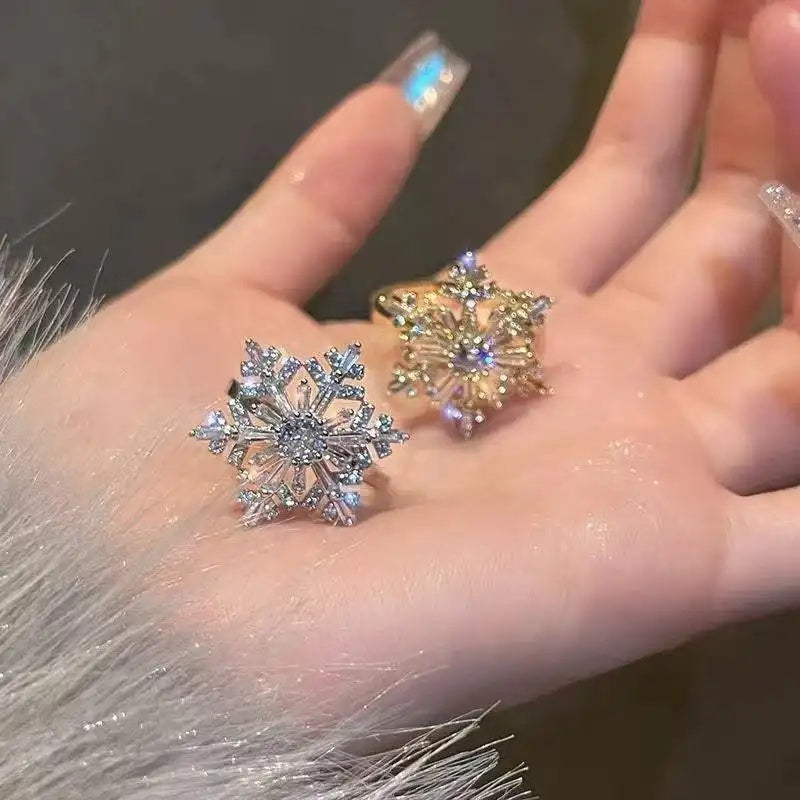 Rotatable Double Layer Crystal Snowflake Ring