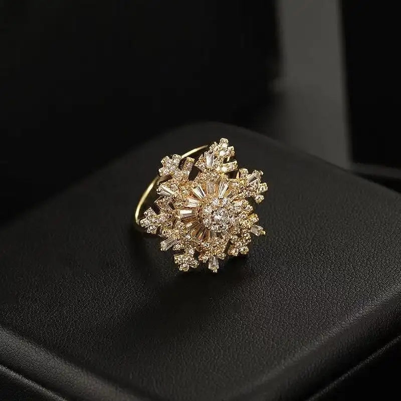Rotatable Double Layer Crystal Snowflake Ring