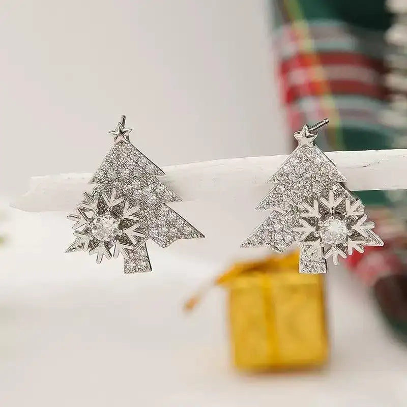 Rotatable Snowflake Crystal Christmas Tree Stud Earrings