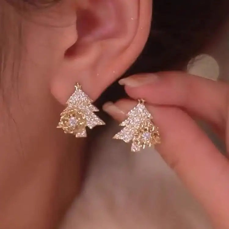 Rotatable Snowflake Crystal Christmas Tree Stud Earrings