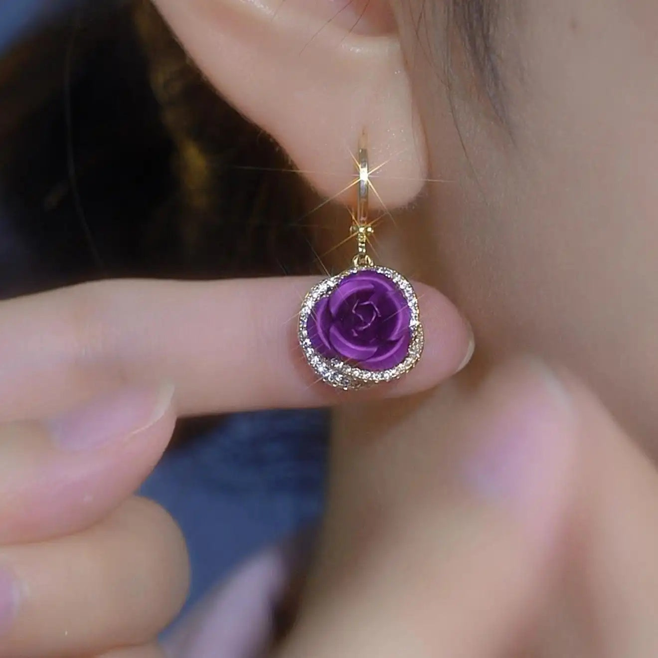 Round Purple Rose Crystal Drop Earrings