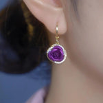 Round Purple Rose Crystal Drop Earrings