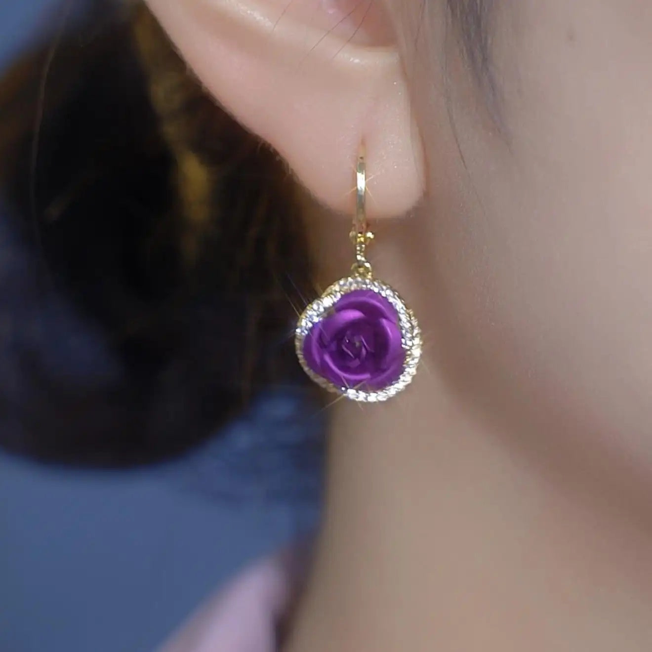 Round Purple Rose Crystal Drop Earrings