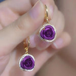 Round Purple Rose Crystal Drop Earrings