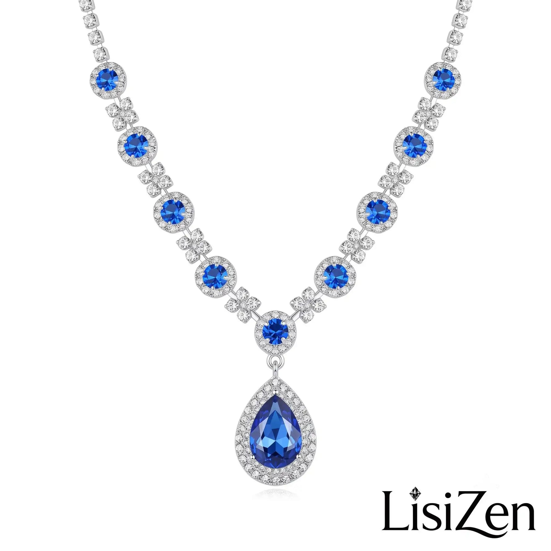 Royal Blue Crystal Teardrop Pendant Necklace