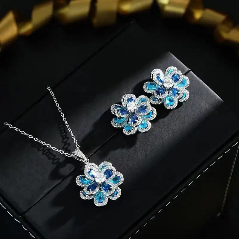 Royal Blue Double-Layer Flower Crystal Earrings