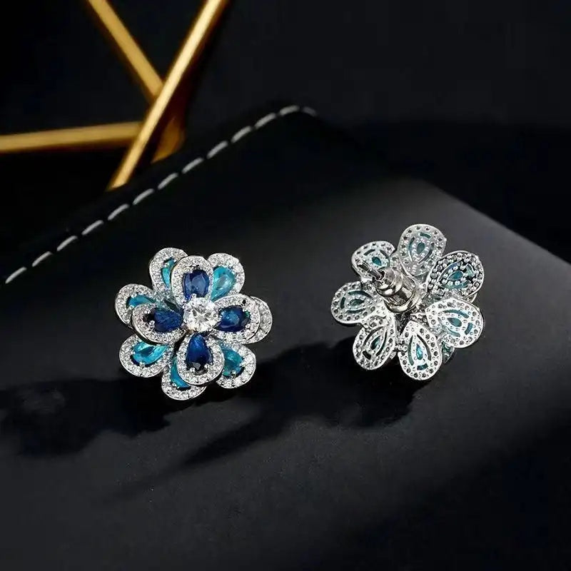 Royal Blue Double-Layer Flower Crystal Earrings