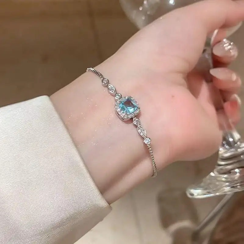 Sea Blue Square Crystal Adjustable Bracelet