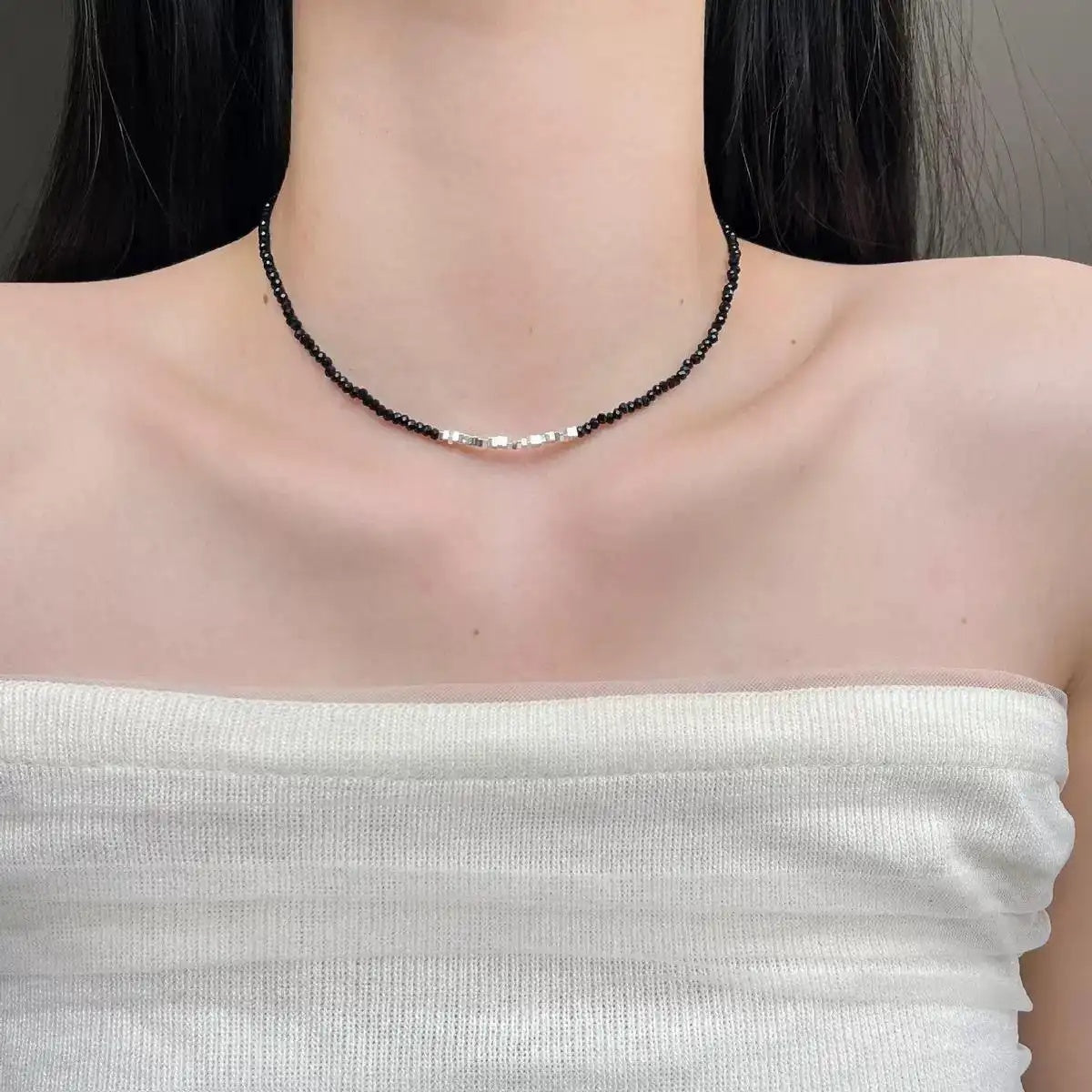 Shattered Silver Black Crystal Beaded Necklace