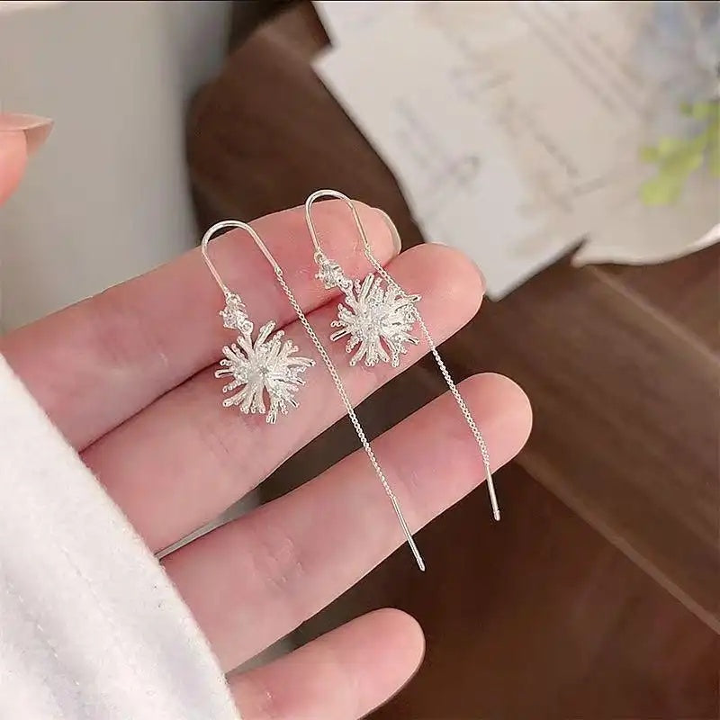 Silver Blooming Firework Tassel Minimalist Drop Earrings