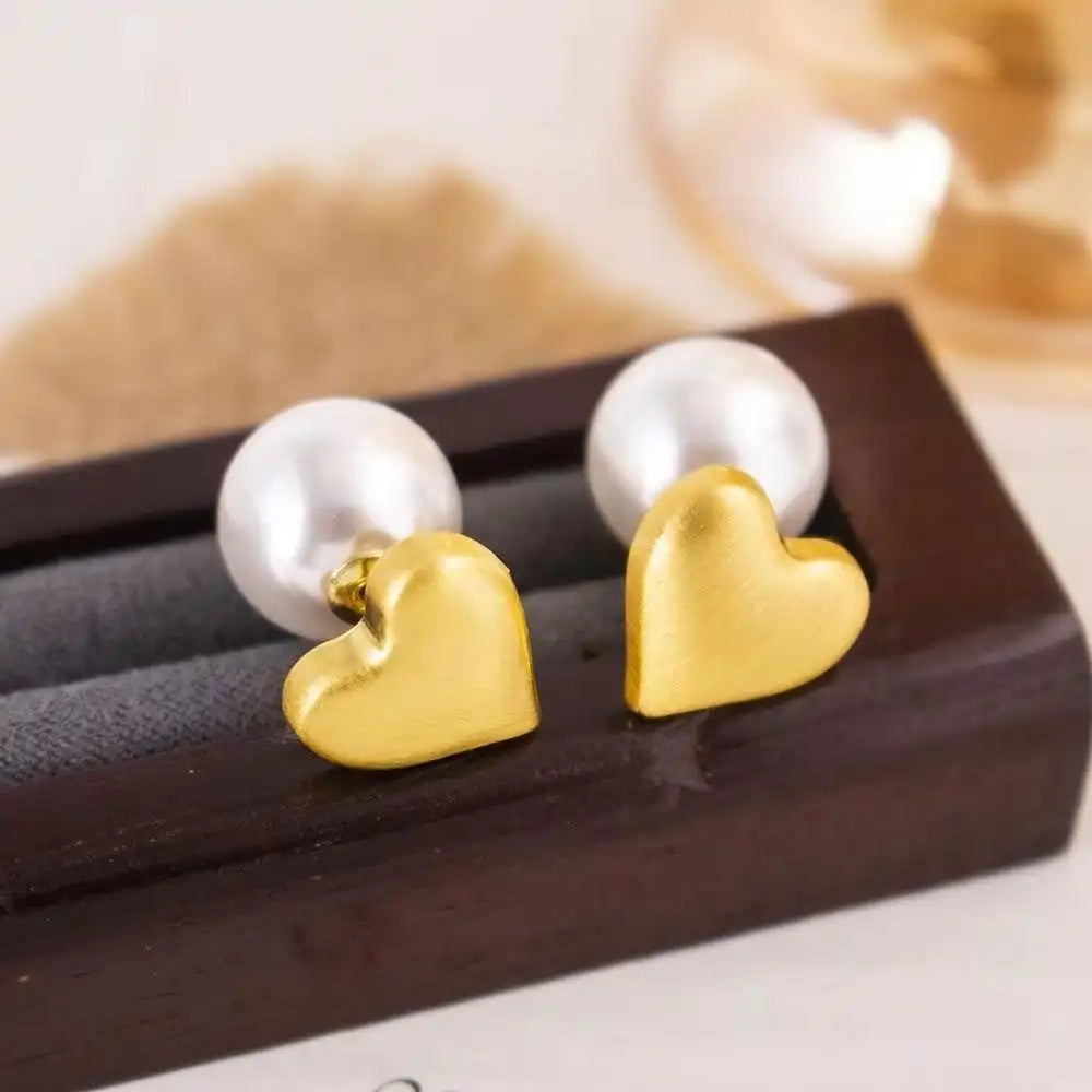Silver Brushed Heart Pearl Stud Earrings