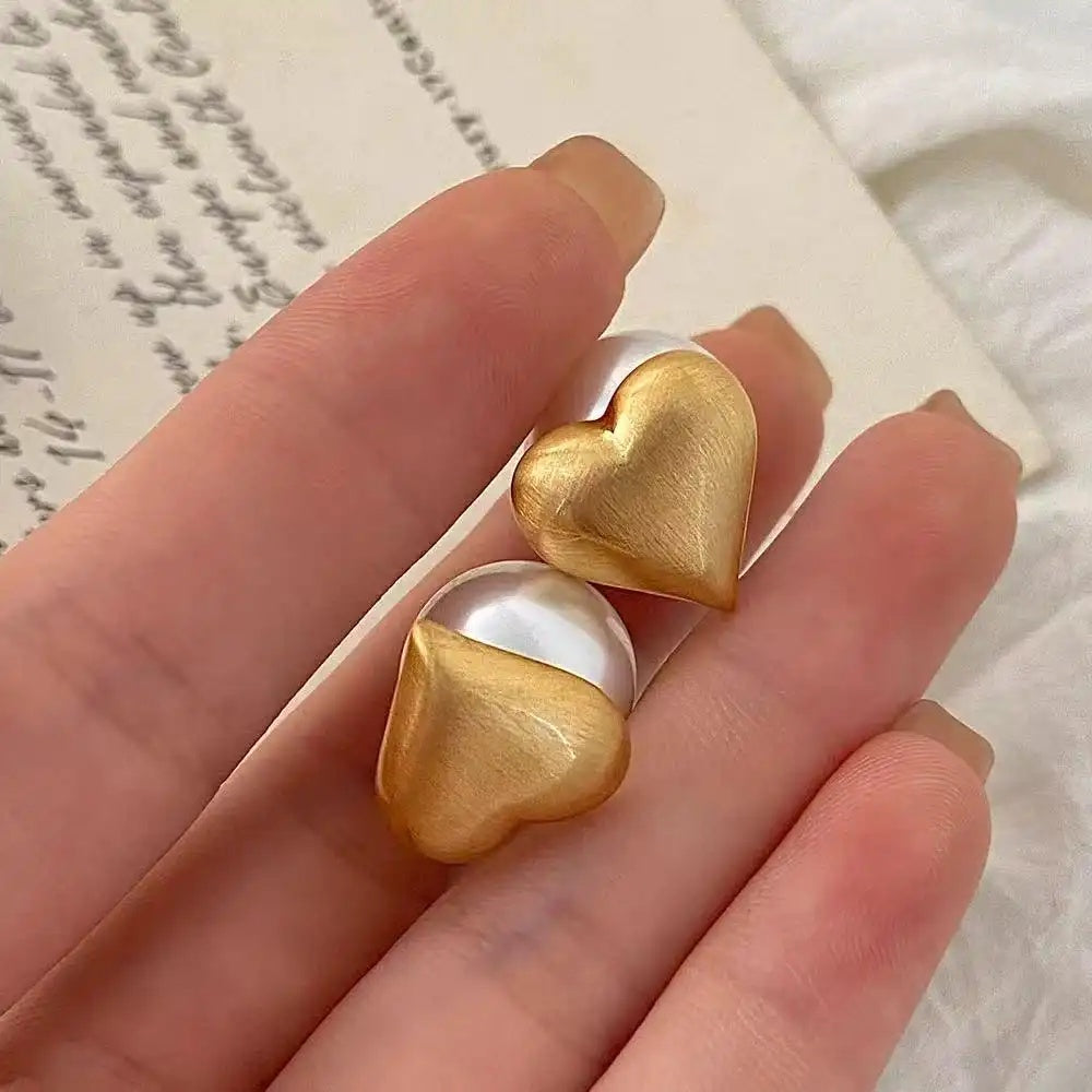 Silver Brushed Heart Pearl Stud Earrings