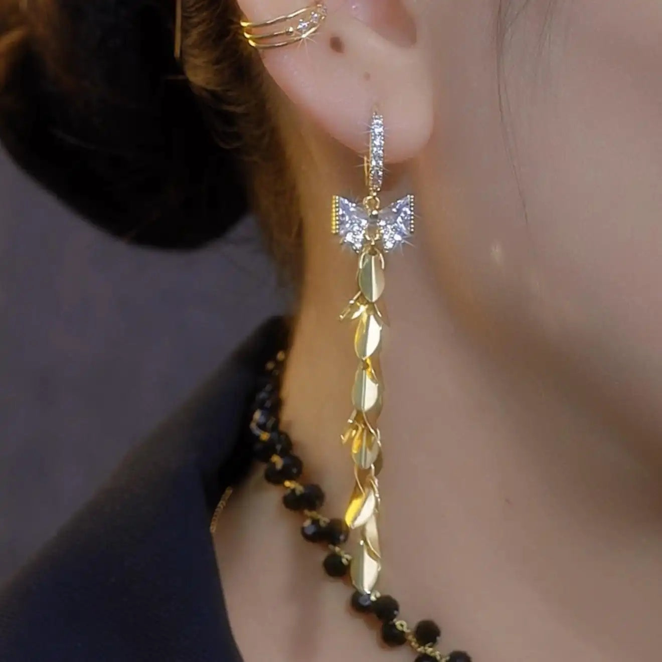 Silver Butterfly Crystal Long Tassel Drop Earrings