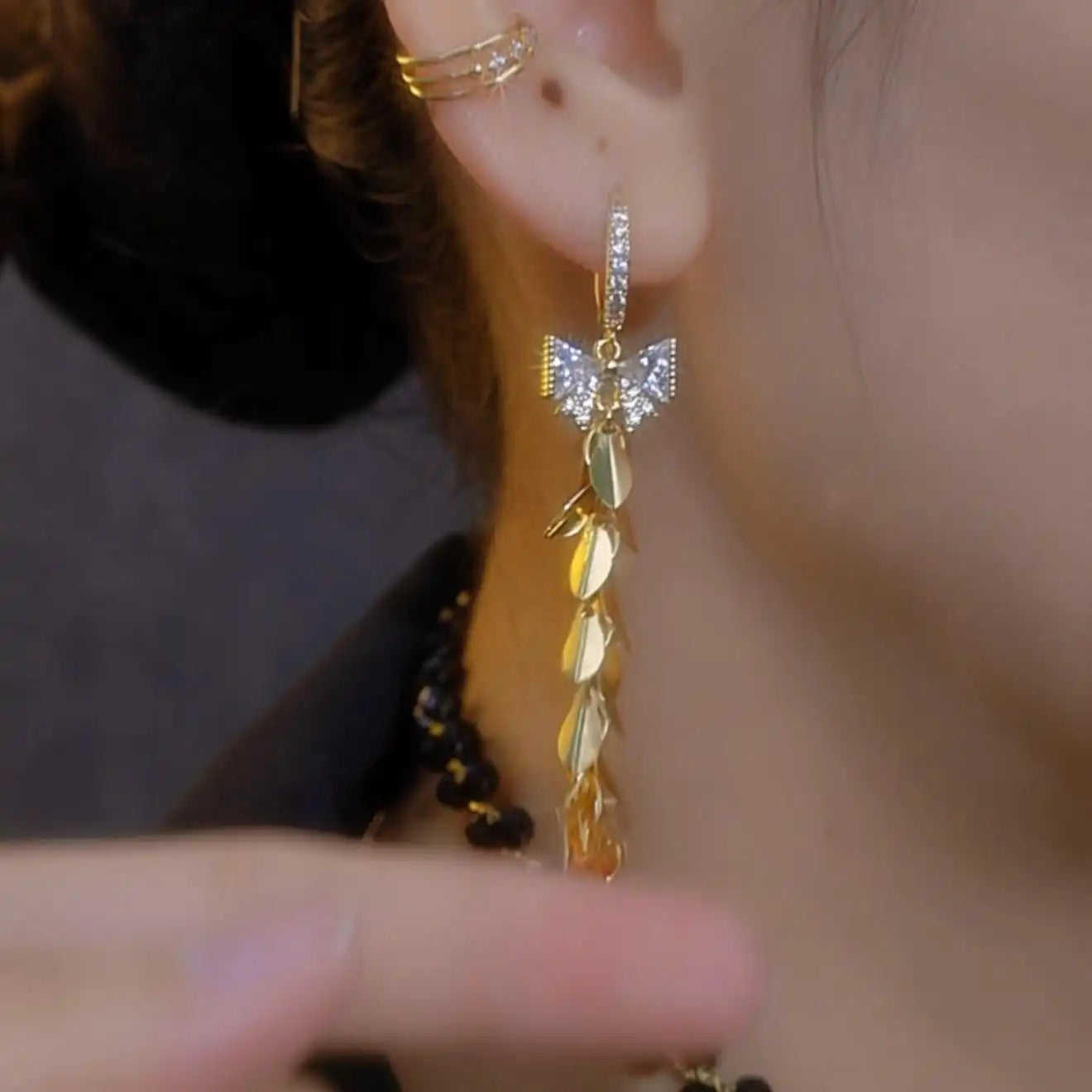 Silver Butterfly Crystal Long Tassel Drop Earrings