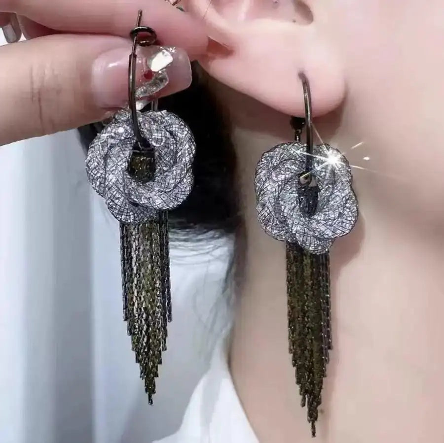 Silver Circle Chain Tassel Drop Earrings