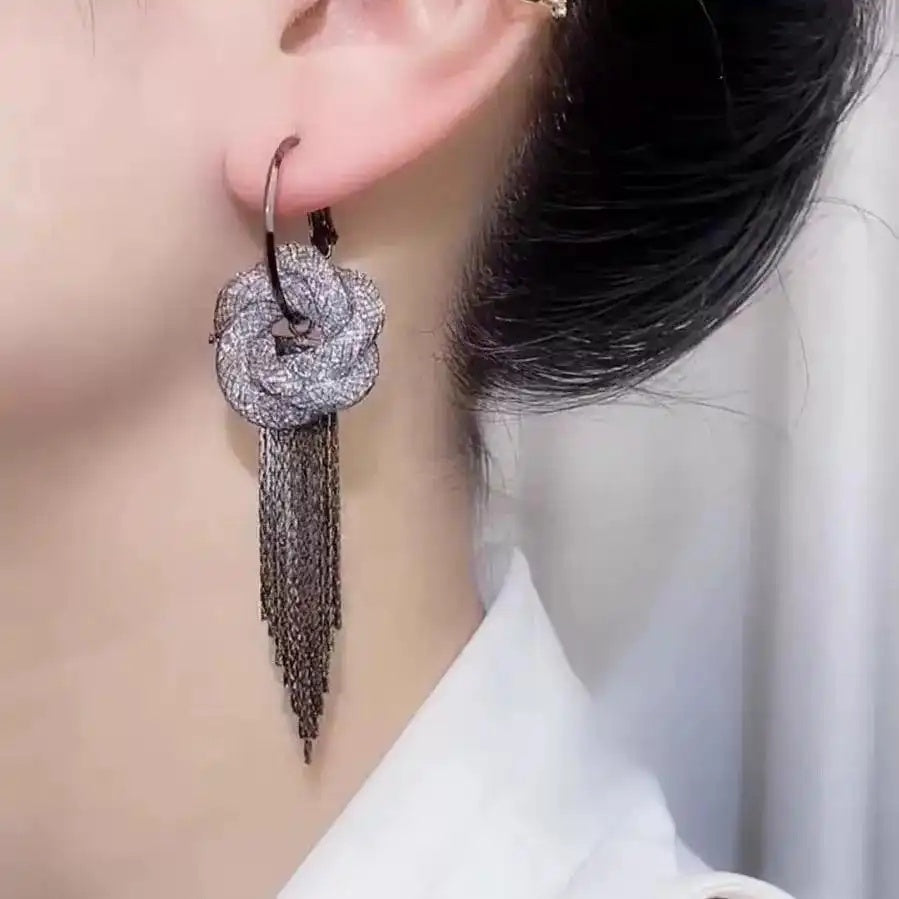 Silver Circle Chain Tassel Drop Earrings