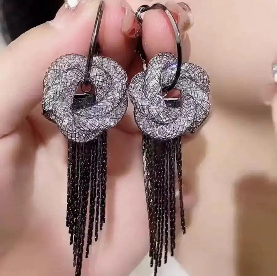 Silver Circle Chain Tassel Drop Earrings