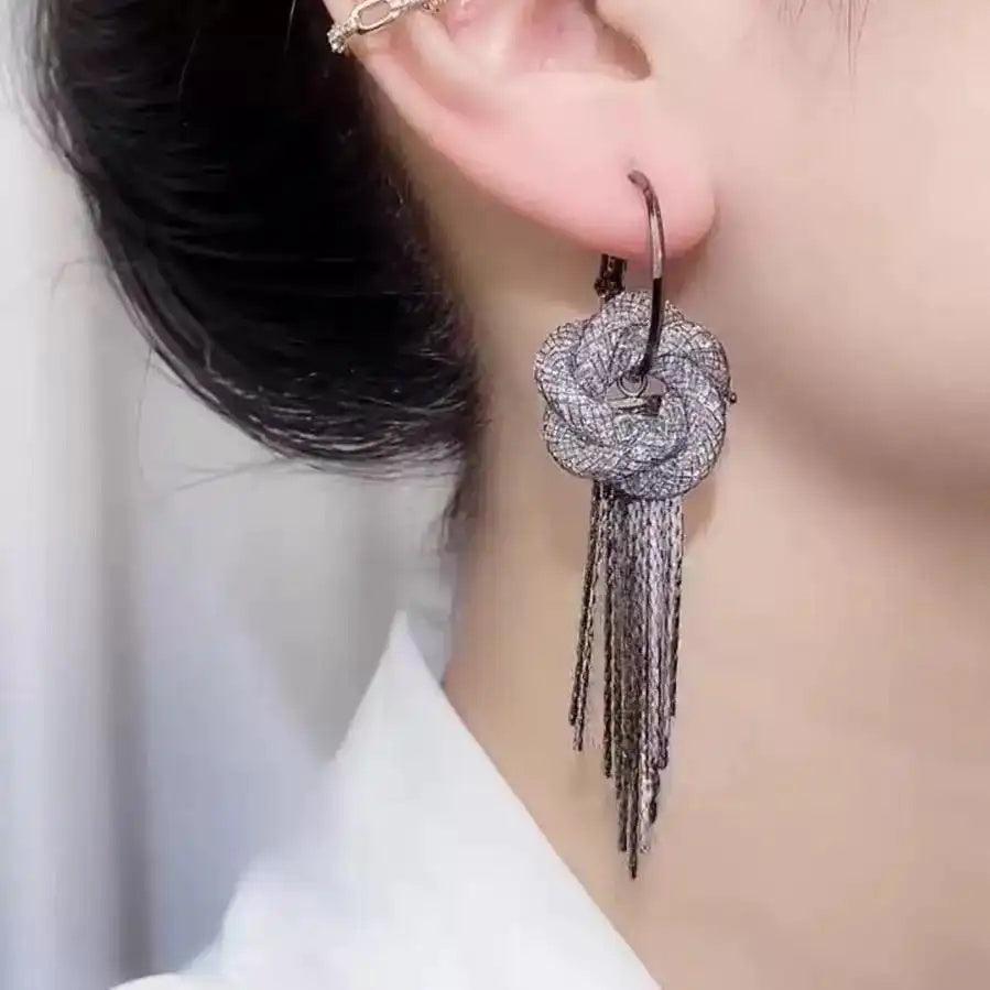 Silver Circle Chain Tassel Drop Earrings