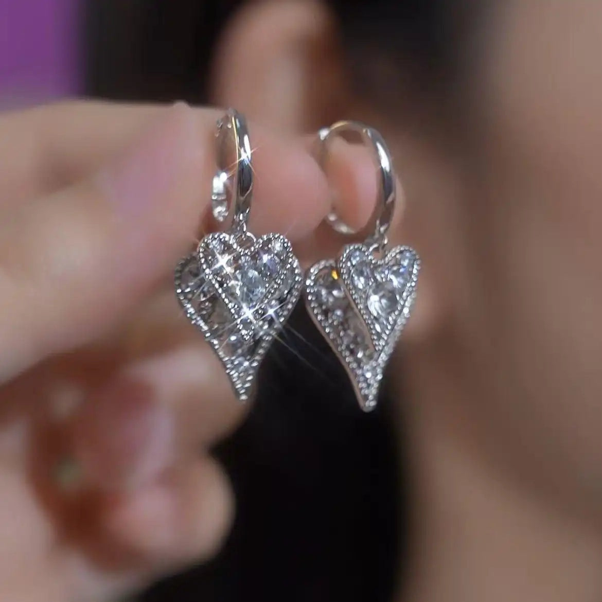 Silver Crystal Double-Layer Heart Earrings