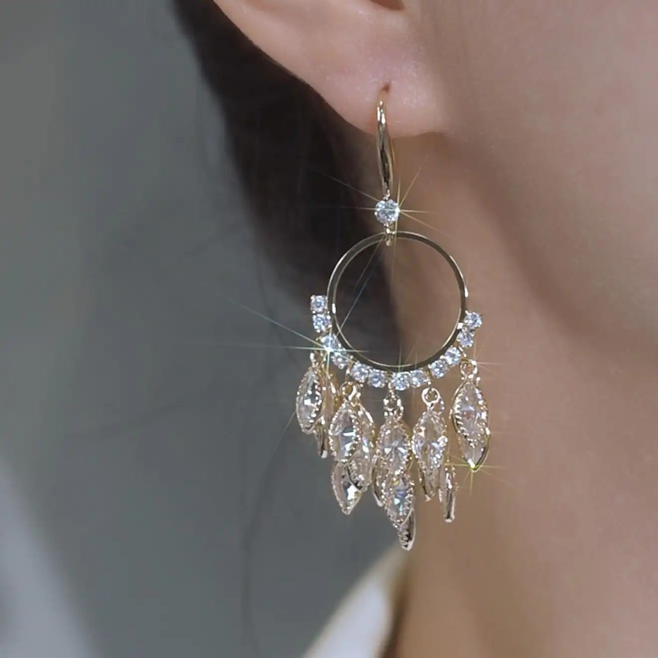 Silver Crystal Fringe Hoop Earrings