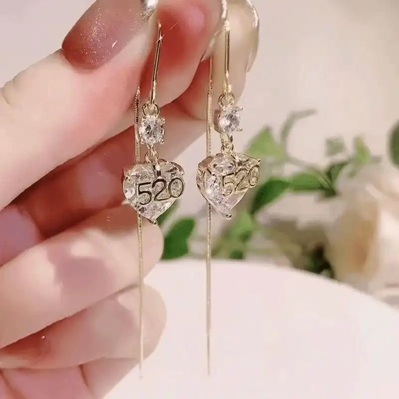 Silver Crystal Heart Chain Drop Earrings