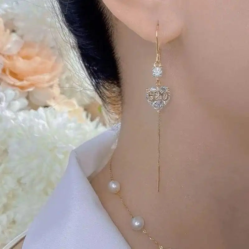 Silver Crystal Heart Chain Drop Earrings
