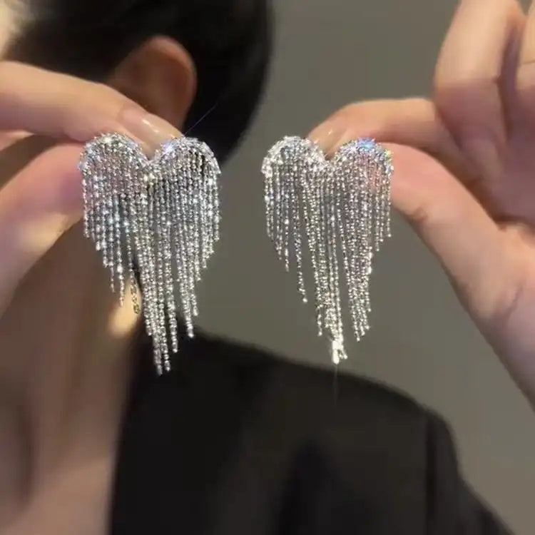 Silver Crystal Heart Tassel Beaded Drop Earrings
