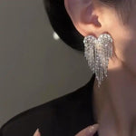 Silver Crystal Heart Tassel Beaded Drop Earrings