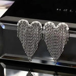 Silver Crystal Heart Tassel Beaded Drop Earrings