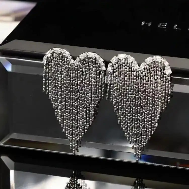 Silver Crystal Heart Tassel Beaded Drop Earrings