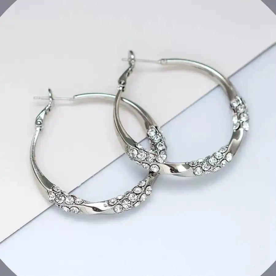 Silver Crystal Needle Round Hoop Earrings