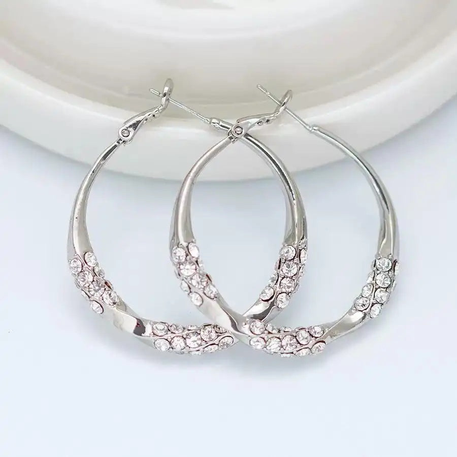 Silver Crystal Needle Round Hoop Earrings