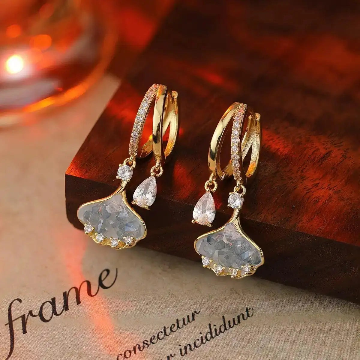 Silver Ginkgo Leaf Crystal Hoop Earrings