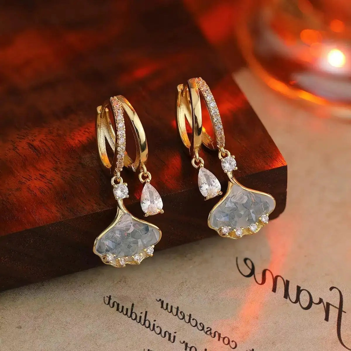 Silver Ginkgo Leaf Crystal Hoop Earrings