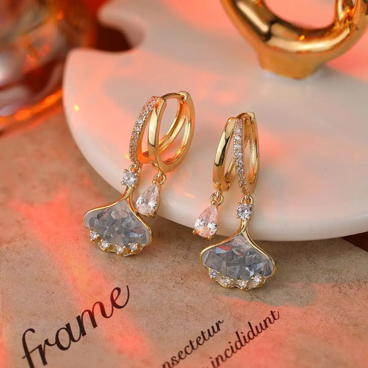 Silver Ginkgo Leaf Crystal Hoop Earrings