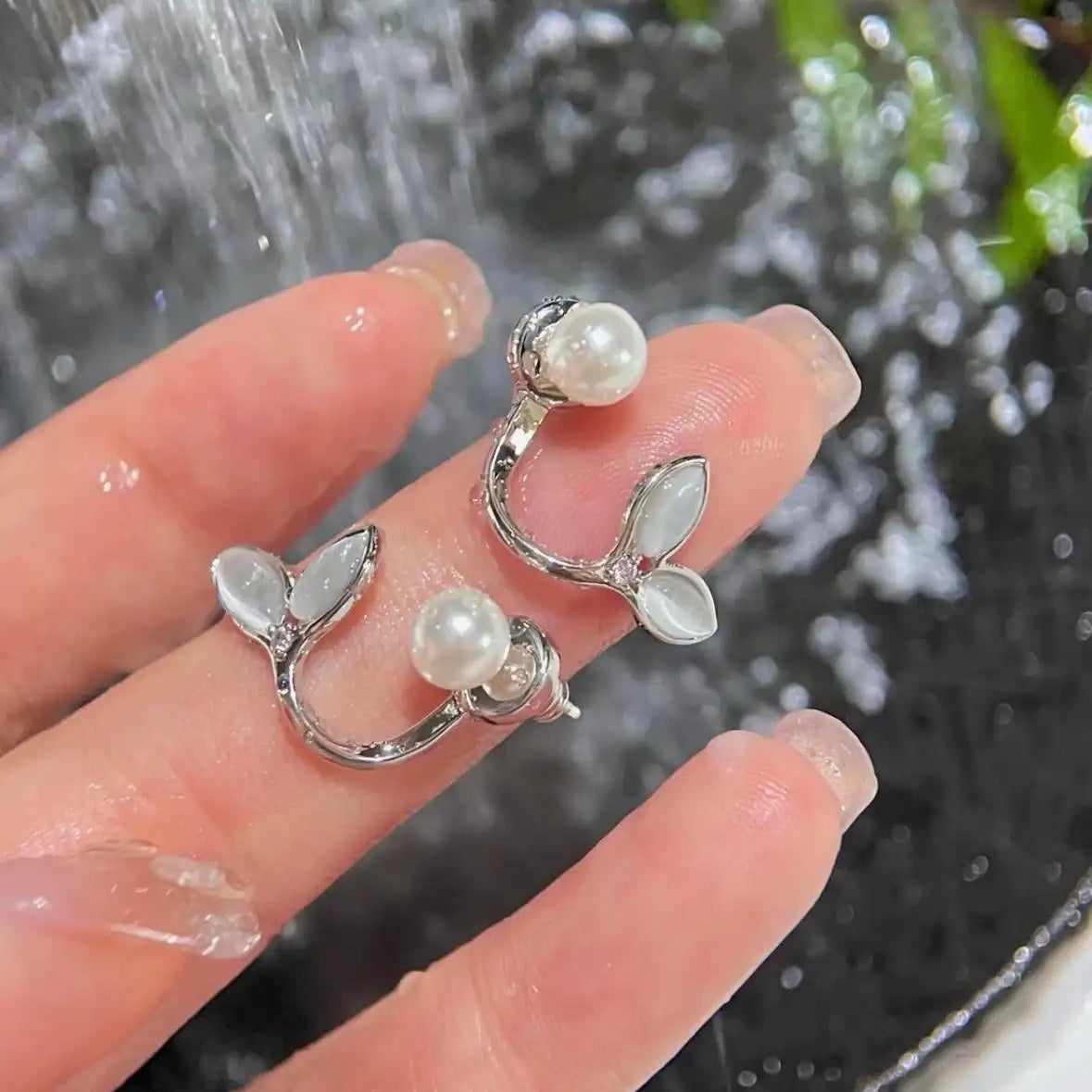 Silver Mermaid Tail Pearl Stud Earrings