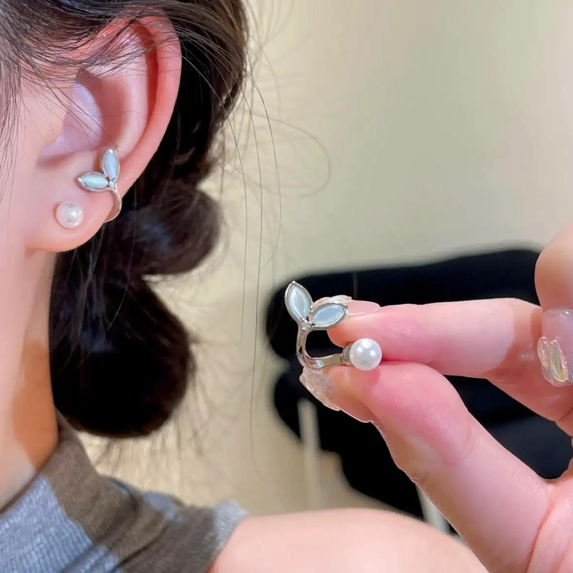 Silver Mermaid Tail Pearl Stud Earrings