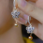 Silver Rose Bead Drop Earrings