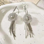 Silver Rosette Tassel Drop Earrings