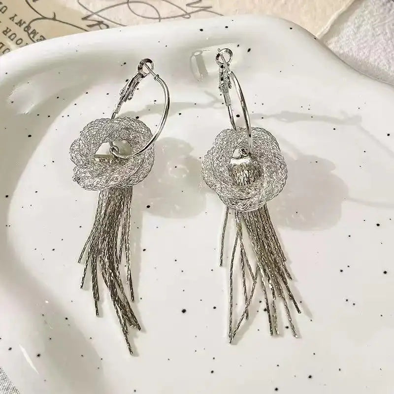 Silver Rosette Tassel Drop Earrings