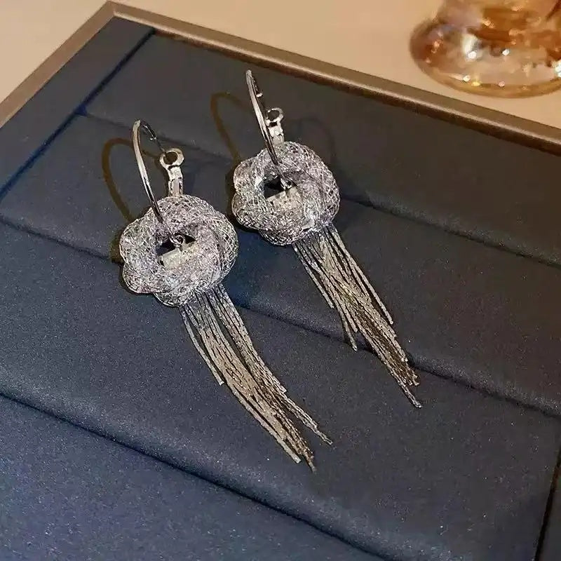 Silver Rosette Tassel Drop Earrings