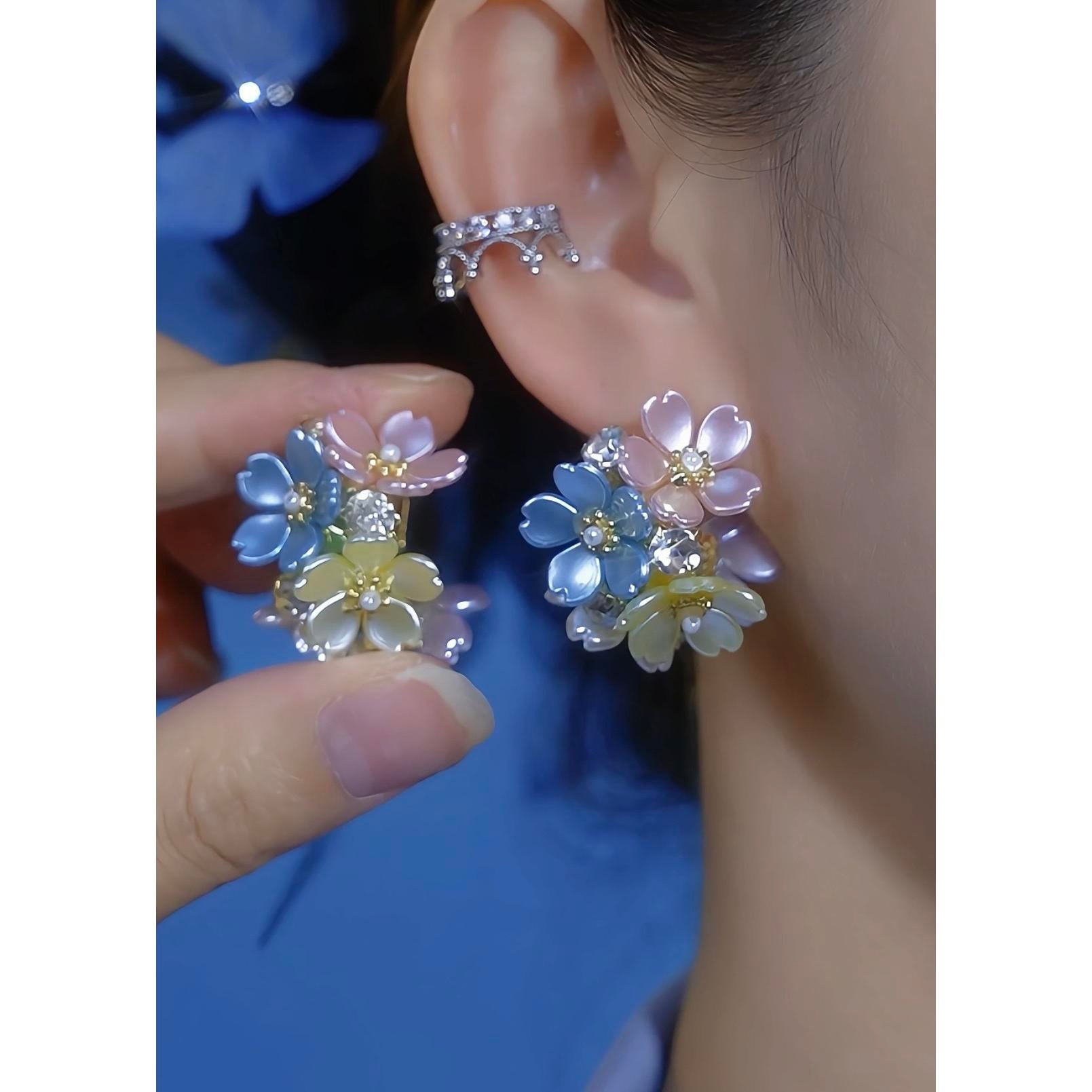 Silver Tone Colorful Flower Spring Stud Earrings