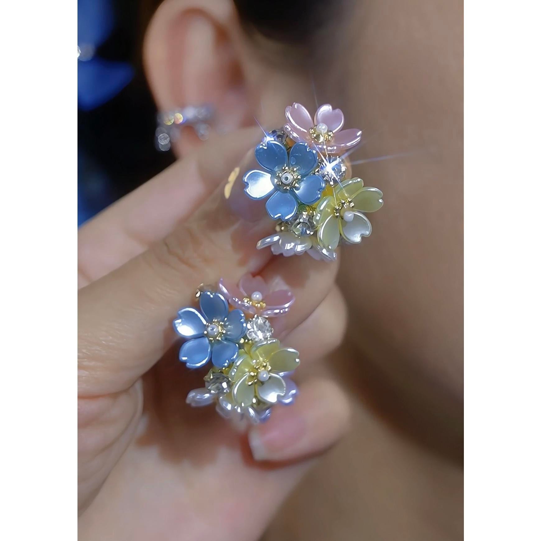 Silver Tone Colorful Flower Spring Stud Earrings